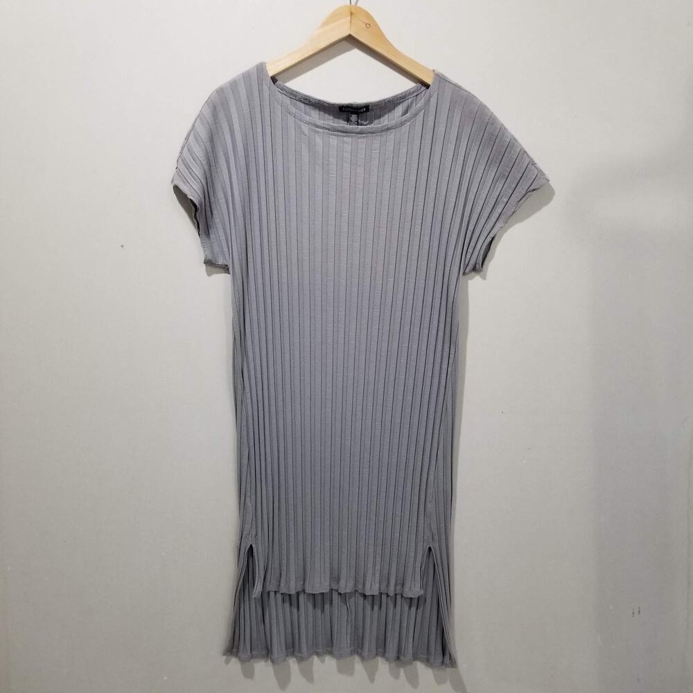 Eileen Fisher Dress Womens Large Gray Ribbed Knit Short Sleeve Tunic Length USA
